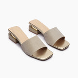 Snake Pattern Embellished Flat Mules dull gold side angle