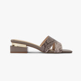 Snake Pattern Embellished Flat Mules beige side profile with heel