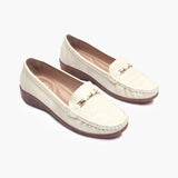 Metal Accented Wedge Heel Loafers beige side angle