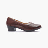 Intricate Perforated Heel Ballerinas brown side profile with heel
