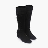 Suede Double Buckle Block Heel Boots black side angle
