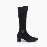 Suede Double Buckle Block Heel Boots black side profile with heel