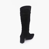 Suede Double Buckle Block Heel Boots black back