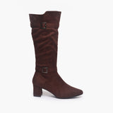 Suede Double Buckle Block Heel Boots brown side profile with heel