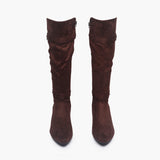 Suede Double Buckle Block Heel Boots brown front angle zoom
