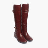 Double Buckle Side Zipper Boots maroon side angle