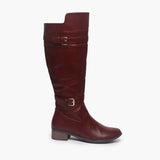 Double Buckle Side Zipper Boots maroon side profile with heel