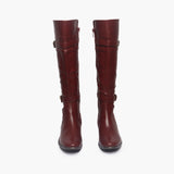 Double Buckle Side Zipper Boots maroon front angle