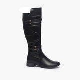 Double Buckle Side Zipper Boots black side profile with heel