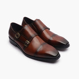 Double Buckle Monk Strap Patina cognac side angle