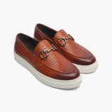 Casual Croc Print Slip Ons with Metal Bit cognac side angle