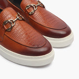 Casual Croc Print Slip Ons with Metal Bit cognac side angle zoom