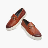 Casual Croc Print Slip Ons with Metal Bit cognac