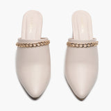Chain Accented Pointed Mules cream front