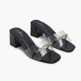 Snake Print Slip Ons Accented with Chain Buckle black side angle