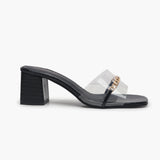 Snake Print Slip Ons Accented with Chain Buckle black side profile with heel