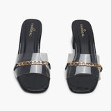 Snake Print Slip Ons Accented with Chain Buckle black front
