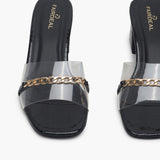 Snake Print Slip Ons Accented with Chain Buckle black front zoom