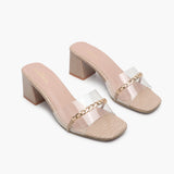 Snake Print Slip Ons Accented with Chain Buckle beige side angle