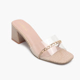 Snake Print Slip Ons Accented with Chain Buckle beige side single