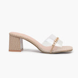 Snake Print Slip Ons Accented with Chain Buckle beige side profile with heel