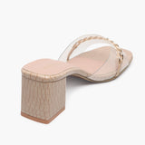 Snake Print Slip Ons Accented with Chain Buckle beige back