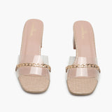 Snake Print Slip Ons Accented with Chain Buckle beige front