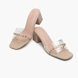 Snake Print Slip Ons Accented with Chain Buckle beige