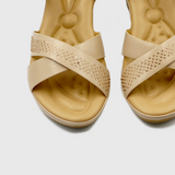 Stud Embellished Ankle Strap Wedges Light Beige