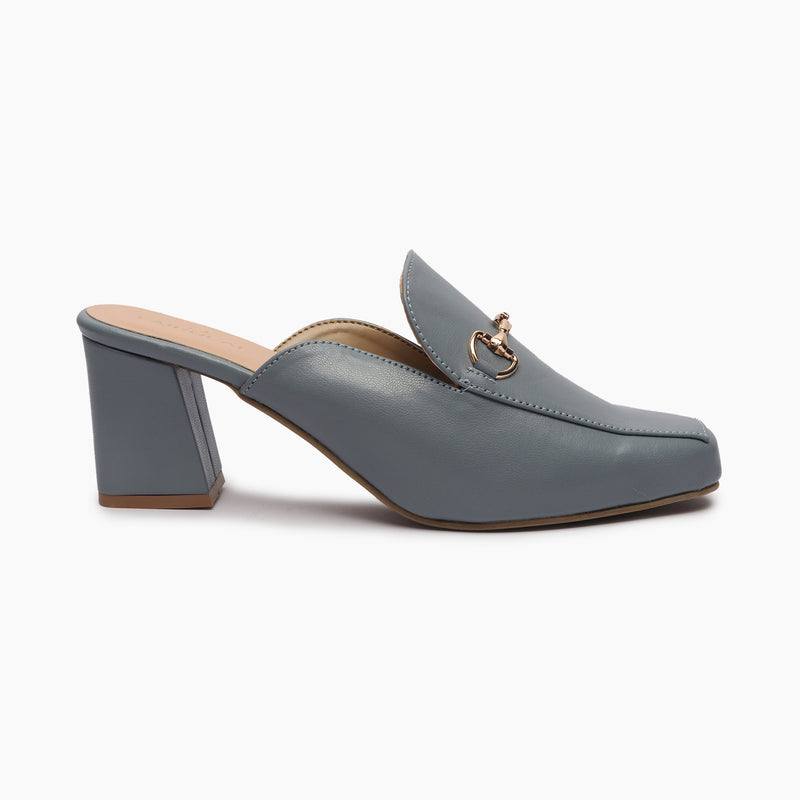 Buckle Detail Heeled Mules blue side profile with heel
