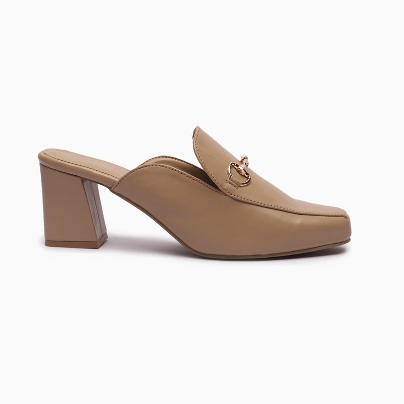 Buckle Detail Heeled Mules beige side profile with heel