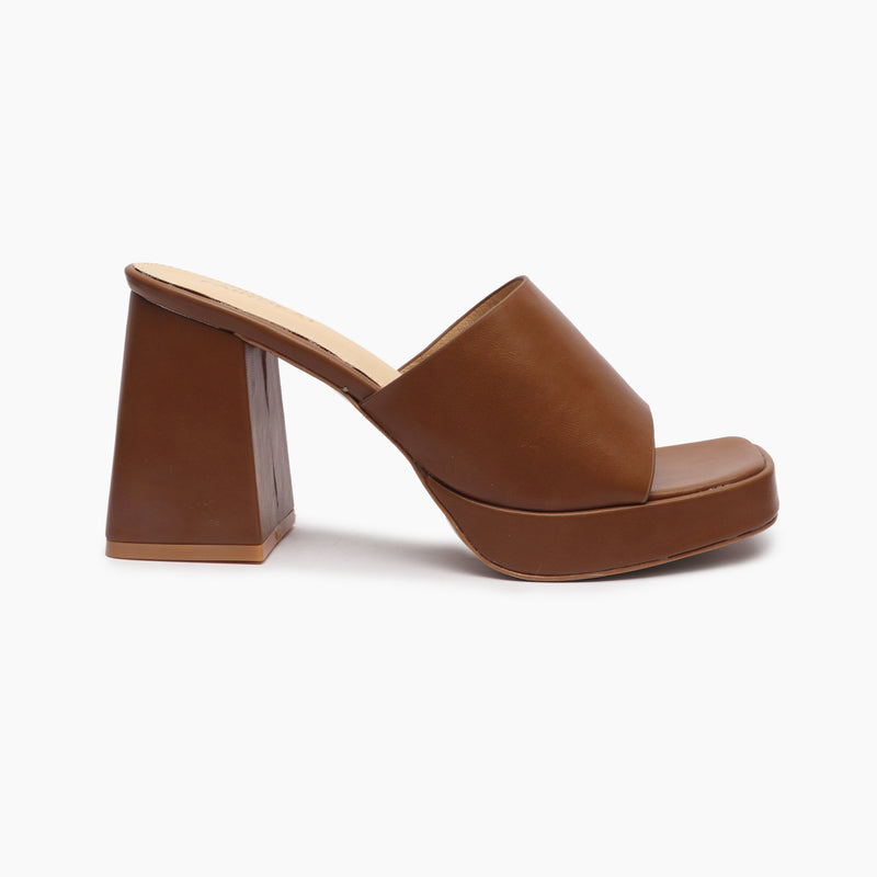 Chunky Heel Mules tan side profile with heel