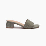 Arrow Check Mules grey side profile with heel