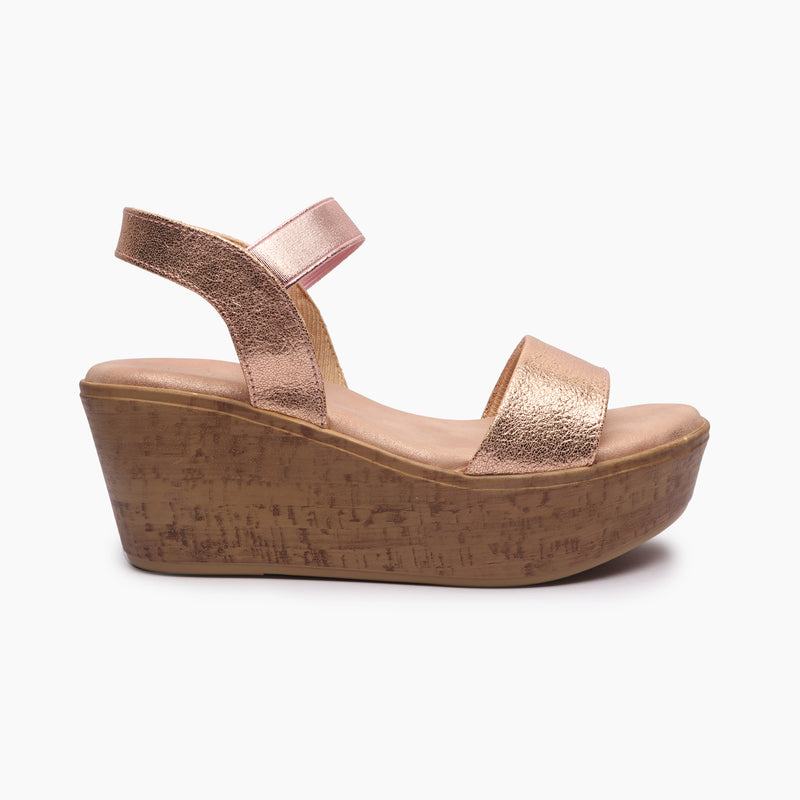 Shimmery Wedge Sandals rose gold side profile with heel
