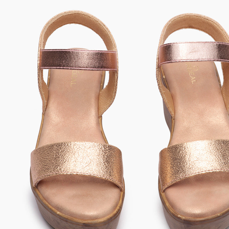 Shimmery Wedge Sandals rose gold front zoom