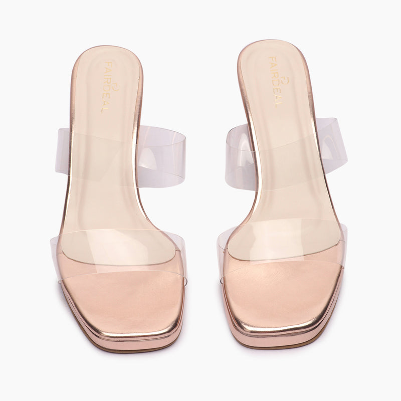 Double Acrylic Strap Block Heels rose gold front