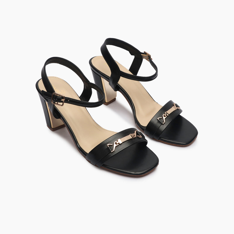 Buckle Accented Block Heel Sandals black side angle