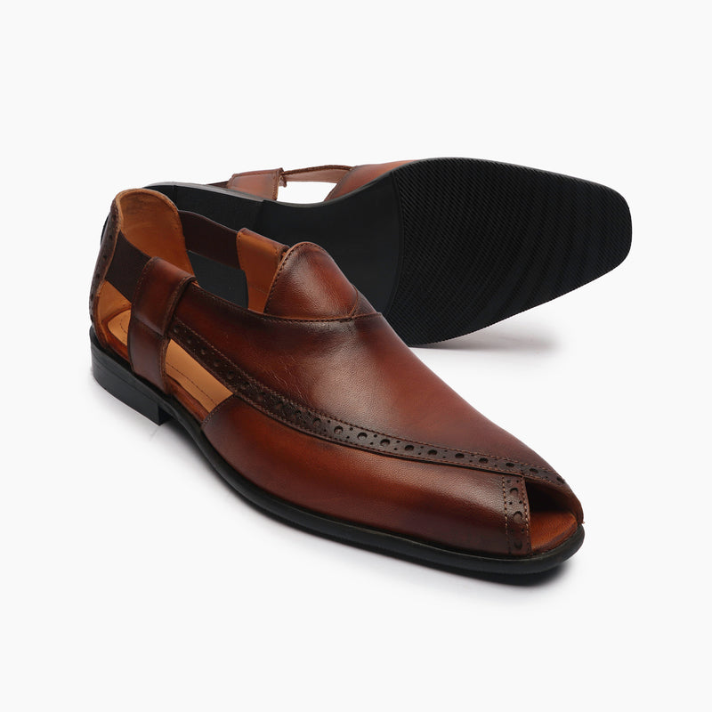 Peshawari Slip Ons With Punch Detail cognac side and sole