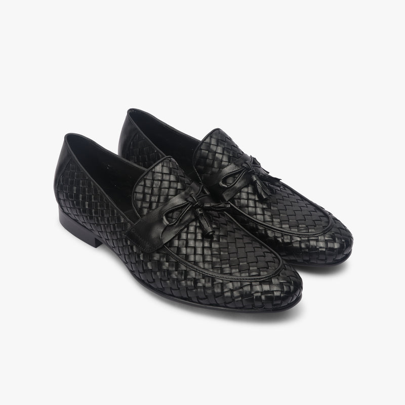 Hand Woven Tassle Moccasins black sideangle