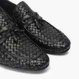 Hand Woven Tassle Moccasins black side angle zoom