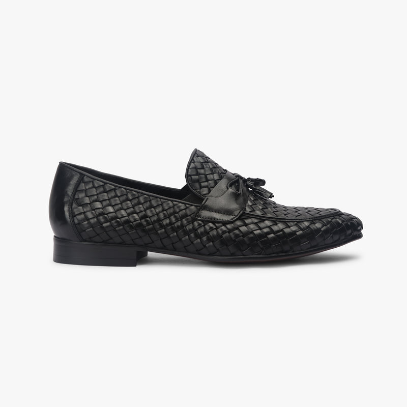 Hand Woven Tassle Moccasins black side profile