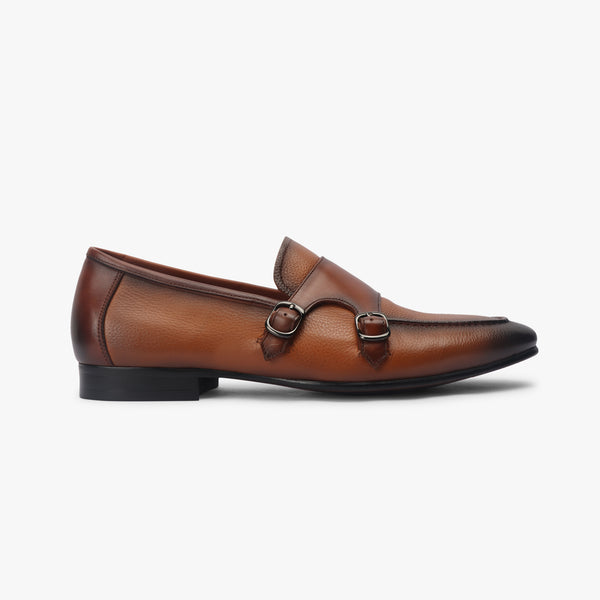 Sheep Leather Double Buckle Monk Straps tan side profile