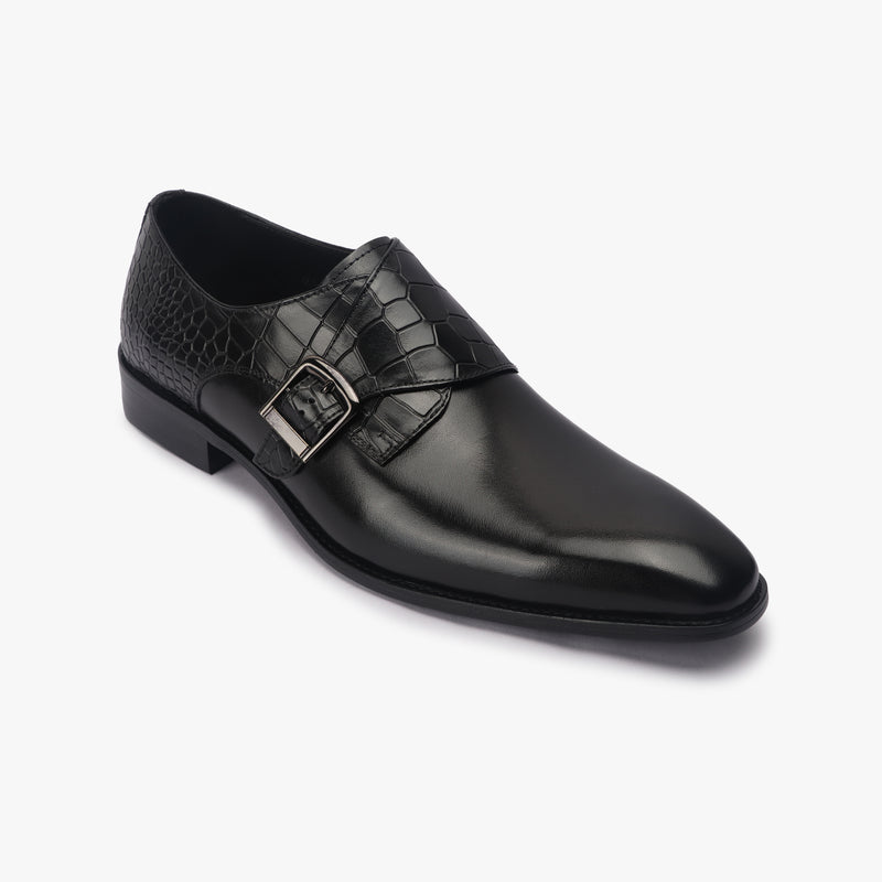 Croc Detail Monk Strap black side single