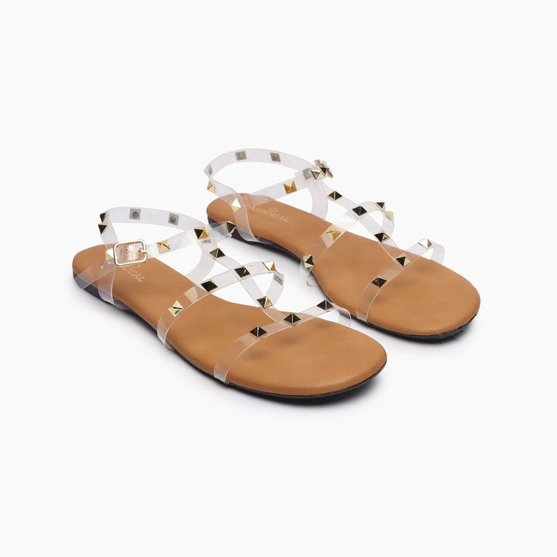 Studded Acrylic Flat Sandals tan side angle