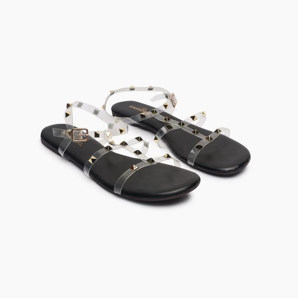 Studded Acrylic Flat Sandals black side angle