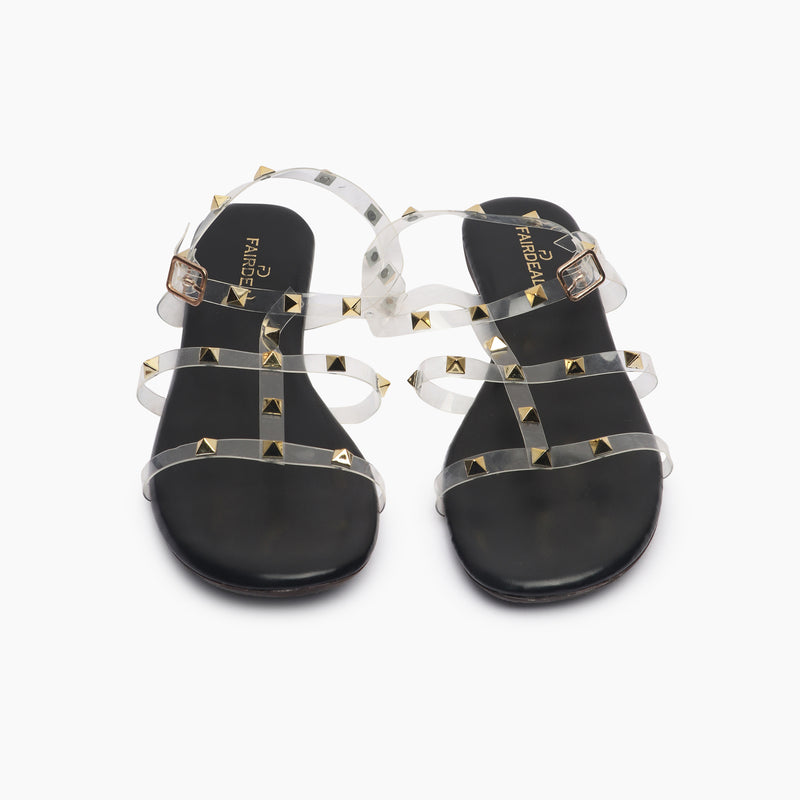 Studded Acrylic Flat Sandals black front