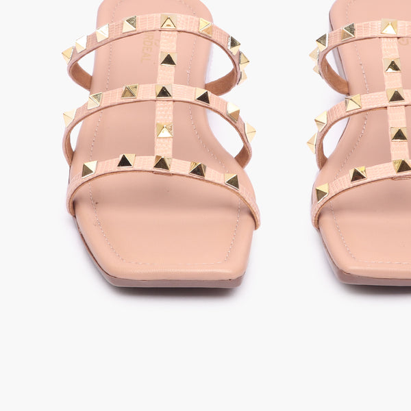 Strappy Studded Flats pink front angle zoomed in