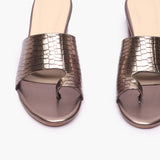 Snakeprint Opentoe Slides metallic front angle zoomed in