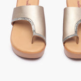 Open Toe Platform Slides gold front angle zoomed in