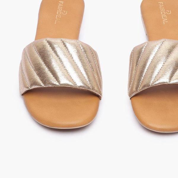 Shimmer Ruched Slides tan front angle zoomed in